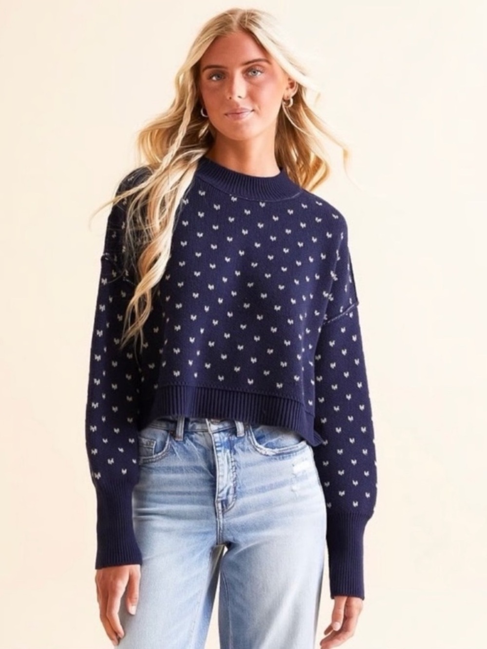 NWT Free People Pattern Easy Street Cropped Sweater Navy Blue Sz L